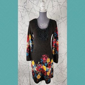 Coco & Tashi Brown Colorful Floral Printed Midi Sweater Dress